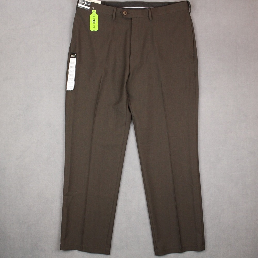 Haggar E-Clo Stria Pants Mens Size 38x32 Brown Polyester Repreve Flat Front NEW